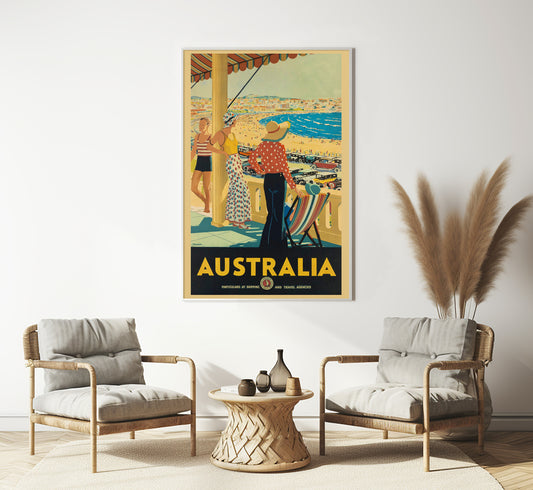 Australia beach vintage travel poster by unknown author, 1930s.