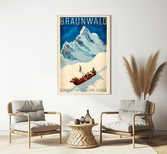 Braunwald Switzerland vintage travel poster by Alex Walter Diggelmann, c. 1943.