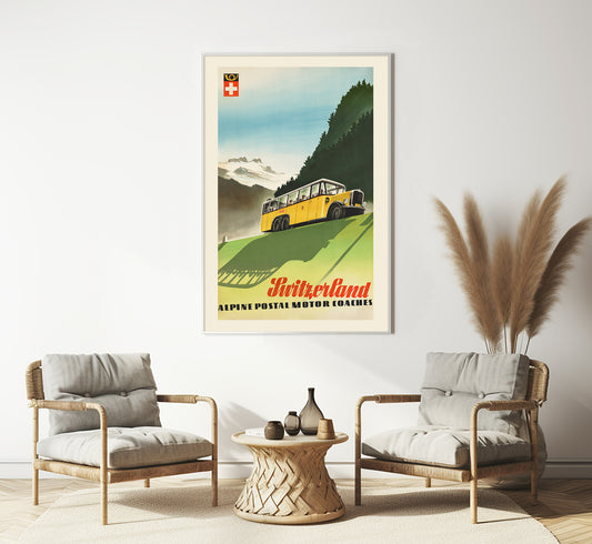Alpine Postal Motor Coaches, Switzerland vintage travel poster by Reber, 1910-1959.