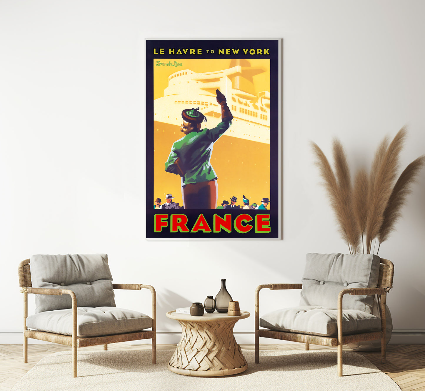 French Line, Le Havre to New York, France vintage travel poster by Laura Smith, 1930s.