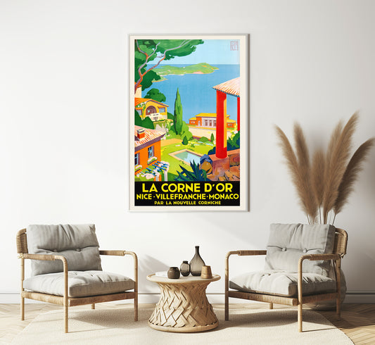 French Riviera poster, Monaco, Villefranche sur Mer vintage travel poster by Roger Broders, 1930s.