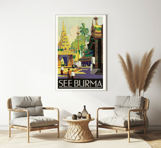 See Burma, India vintage travel poster by Percy Padden, 1930s.