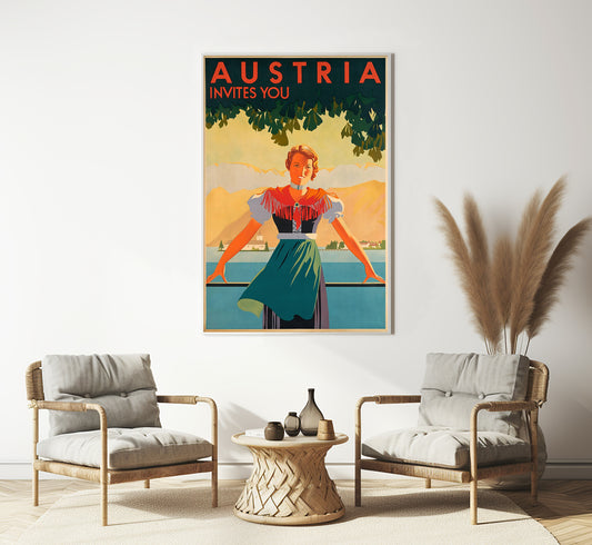 Austria Invites you, Austria vintage travel poster by Atelier Binder, c. 1935.