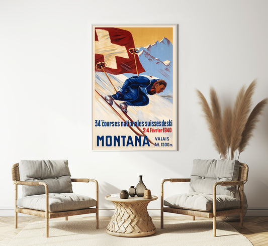 Extremely rare and highly collectable Crans Montana, Switzerland vintage travel  poster, c. 1940s.