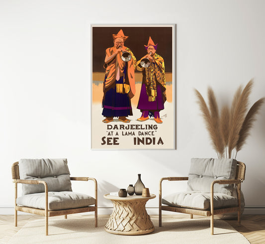 Darjeeling at a lama dance, See India vintage travel poster by Vic Veevers, 1934.
