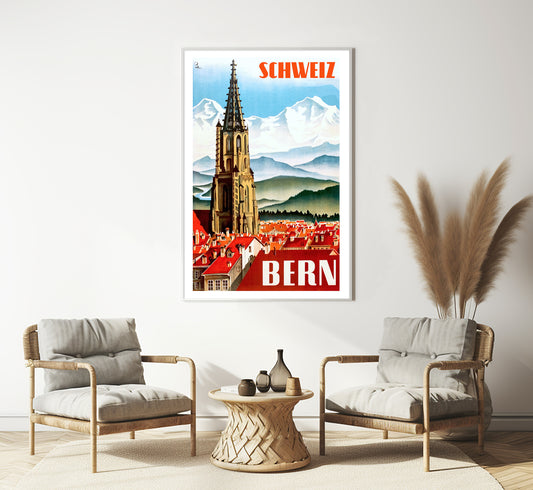 Bern, Switzerland vintage travel poster by Bernhard Reber, 1934.