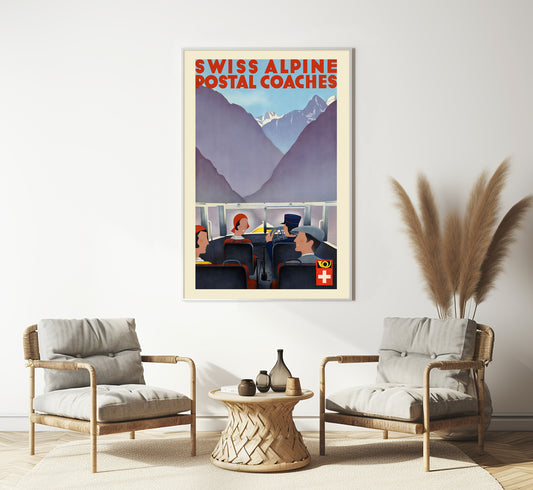 Swiss Alpine Postal Coaches, Switzerland vintage travel poster by CK, 1910-1959.