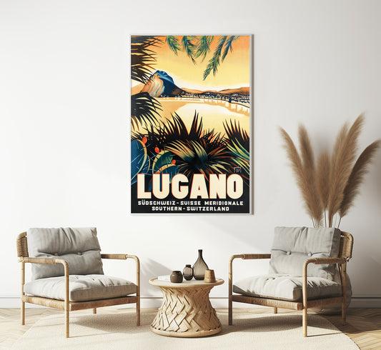 Lugano lake, Switzerland vintage travel poster Mario Pescini, 1937.