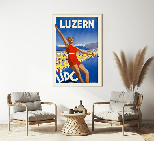 Luzern Lido Switzerland Vintage Travel Poster by Solbach, c. 1932.