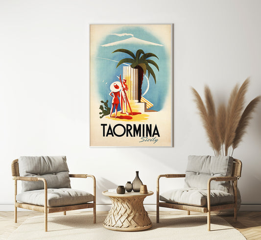 Taormina, Sicily, Italy vintage travel poster by Puppo, c. 1910-1955.