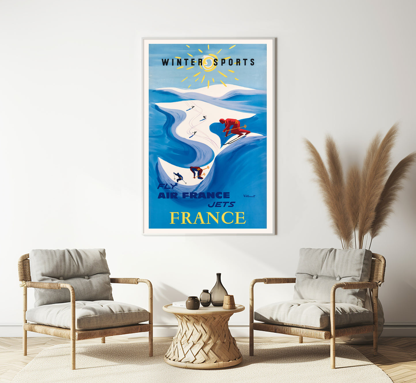 Air France, Winter Sports in France vintage poster by Villemot 1950s.