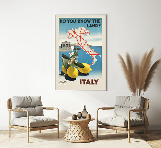 Do you know the land, Italy map and lemons, Italian vintage travel poster by Michahelles, c. 1910-1959.