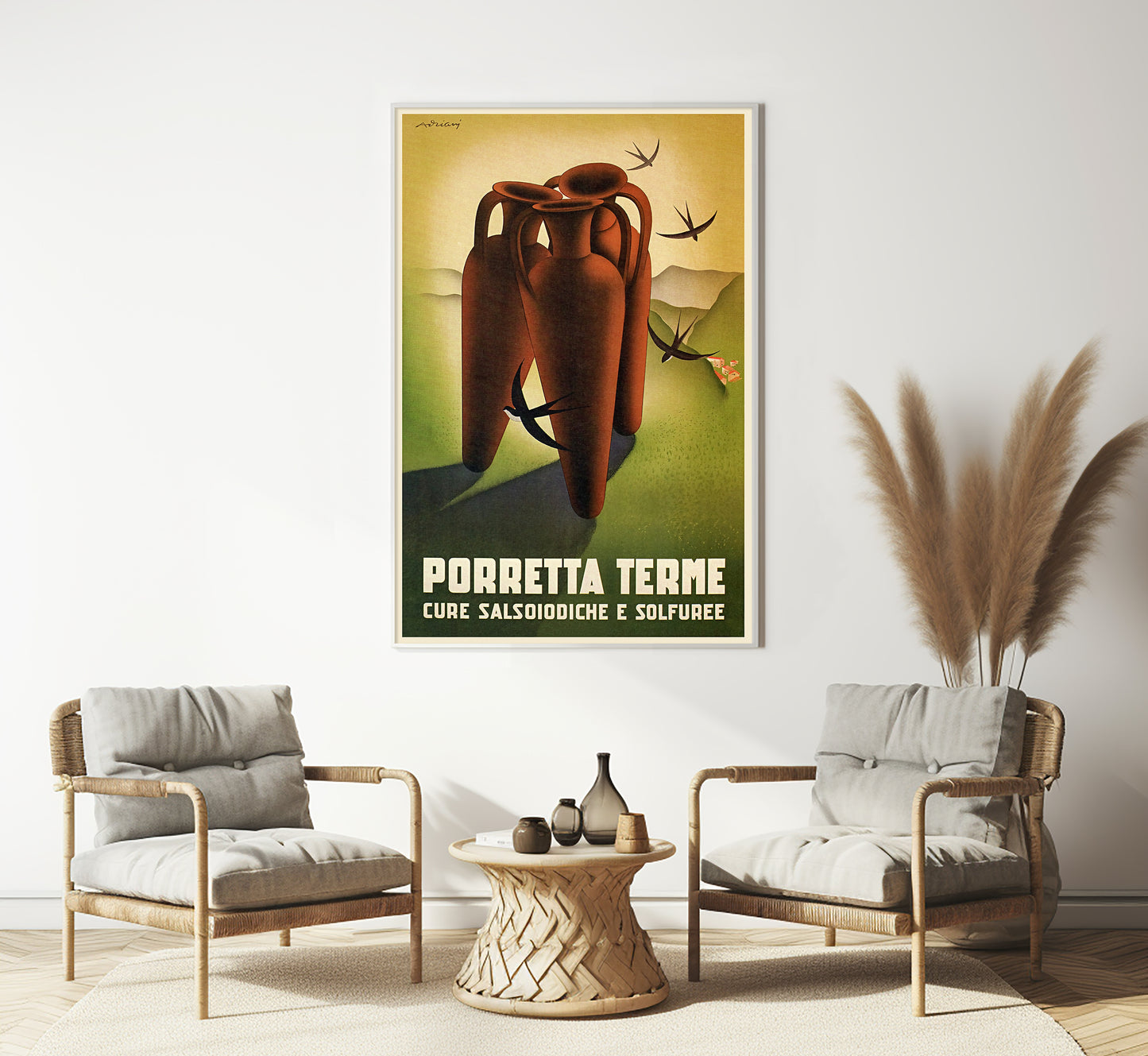 Porretta Terme, Reno Valley Tuscan-Emilian Apennine, Italy vintage travel poster by Avriany, 1930s.