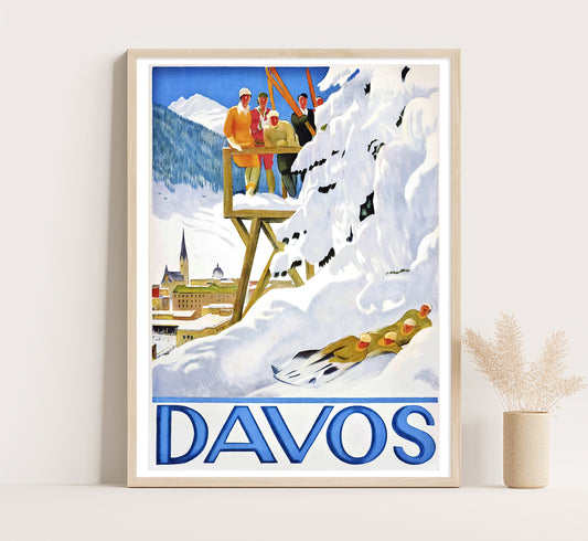 Davos, Swiss Alps, Switzerland vintage travel poster by Emil Cardinaux, 1930s.