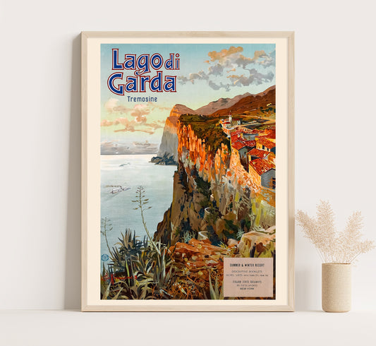 Lake Garda Tremosine Italy vintage travel poster by Elio Ximenes circa 1910-1959.
