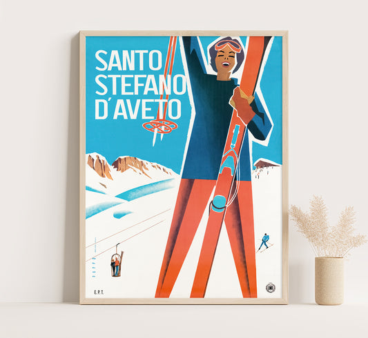 Santo Stefano d'Aveto, Genoa, Italy vintage travel poster by Mario Puppo, 1950s.
