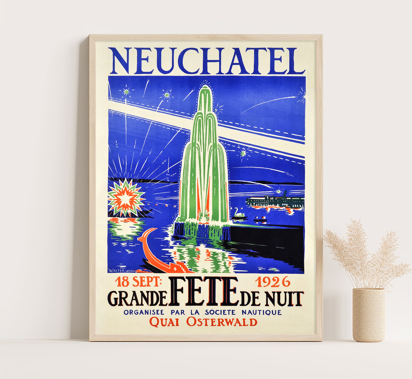 Extremely rare Art Deco Neuchatel Switzerland vintage poster by Arch Walter, 1926.