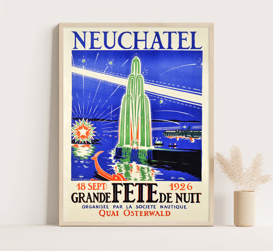 Extremely rare Art Deco Neuchatel Switzerland vintage poster by Arch Walter, 1926.