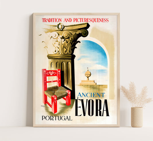 Ancient Evora Portugal vintage travel poster by Ribeiro, 1947.