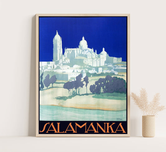 Salamanca, Spain vintage travel poster by Salvador Rubio Bartolozzi, c. 1910-1955.