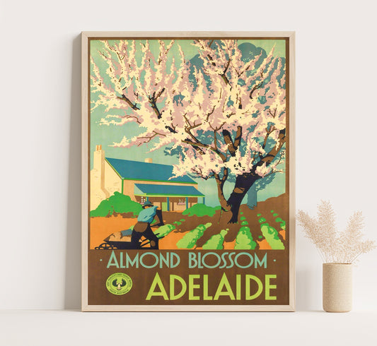 Adelaide, Almond Blossom, Australia vintage travel poster by Clifford Wall, 1930s.