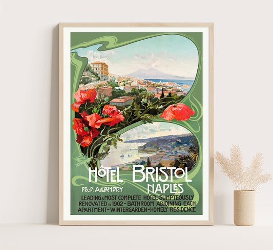 Hotel Bristol in Naples Italy Vintage Poster, Art Nouveua Poster, Italian Art Print, 1900s.