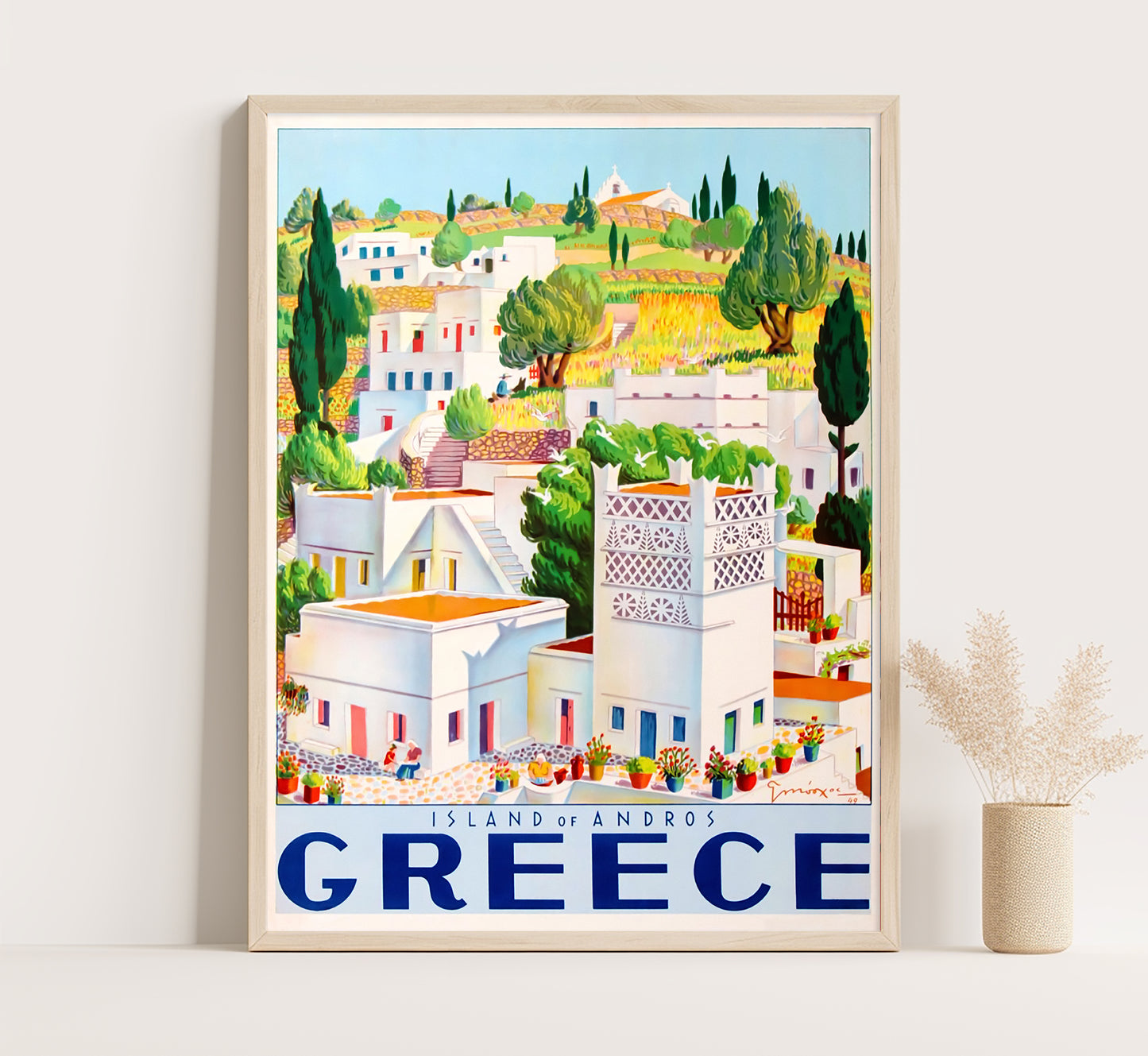 Island of Andros, Greece vintage travel poster by unknown author, 1940s.