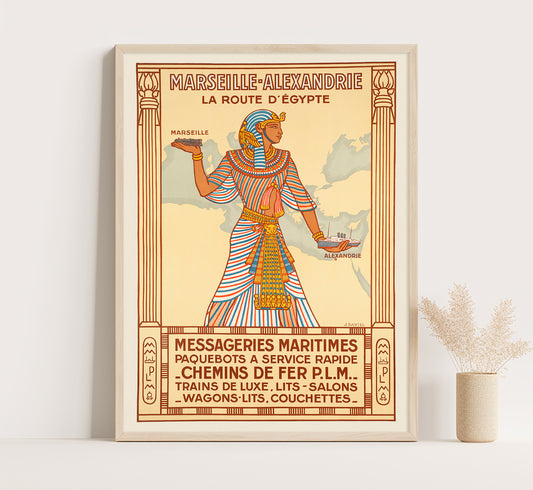Egypt Pharaoh vintage travel poster Marseille-Alexandrie La Route D'Egypte by J. Daviel, 1927.