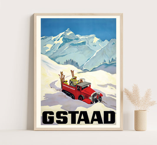 Gstaad ski resort, Saanen, Switzerland vintage travel poster by Alex Walter Diggelmann, c. 1934.