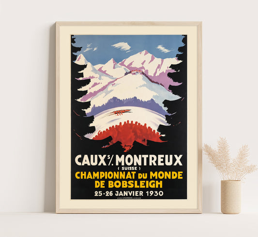 Rare Caux over Montreux, Bobsleigh World Championship 1930, Switzerland vintage travel poster by Jacomo Muller, 1930.