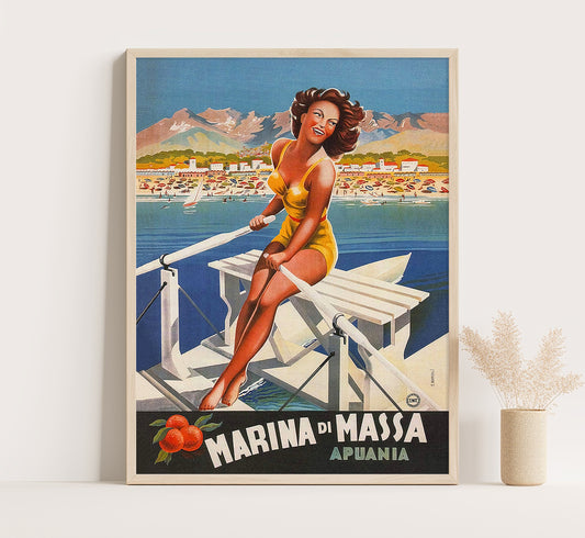Marina di Massa, Italy Vintage Travel Poster by Filippo Romoli, c. 1949.