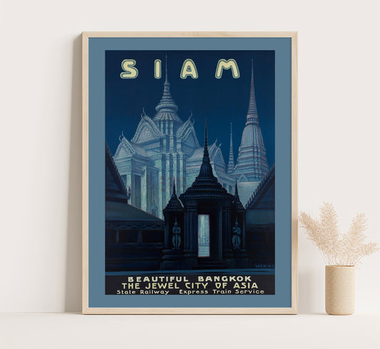 Siam, Thailand, Bangkok vintage travel poster by Wening, c. 1910-1959.