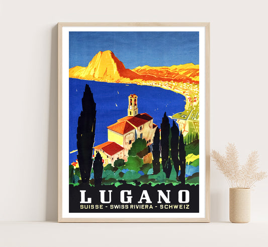 Swiss Riviera poster, Lugano lake, Switzerland vintage travel poster Daniele Buzzi, c. 1945.