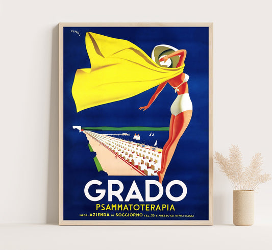 Grado, Psammatoterapia, Province of Gorizia, Italy vintage poster by Mario Puppo, 1910-1955.