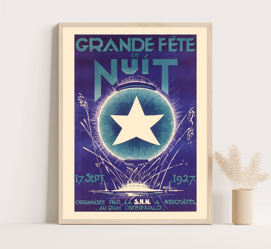 Extremely rare Night Festival Neuchatel vintage travel poster by Girola, c. 1927.