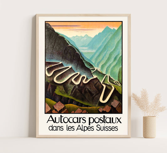 Autocars postaux dans les Alpes, Switzerland vintage travel poster by Niklaus Stoecklin, 1928.