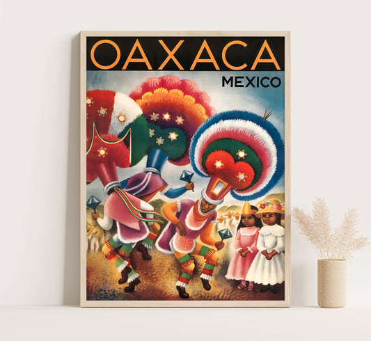 Mexicans in ceremonial dress, Oaxaca, Mexico vintage travel poster by Covarrubias, 1947.