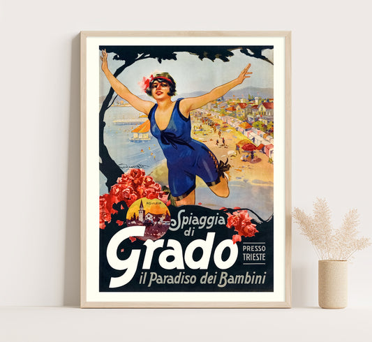 Grado Italy travel poster Spiaggia di Grado, il Paradiso dei Bambini by Plinio Codognato.