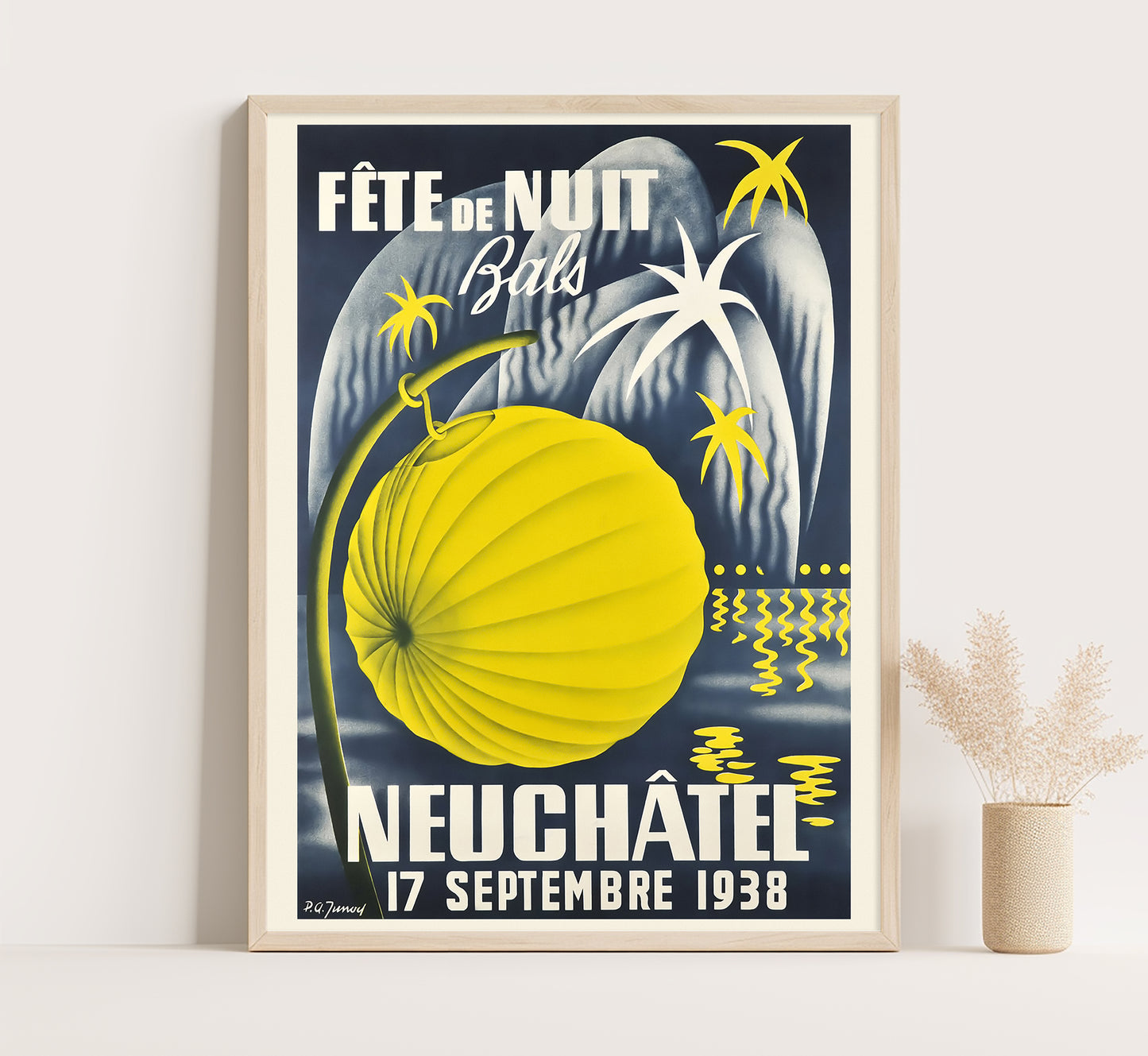 Extremely rare Art Deco Night Festival, Neuchatel 1926 Switzerland vintage travel poster by Pierre-Alexandre Junod, 1926.