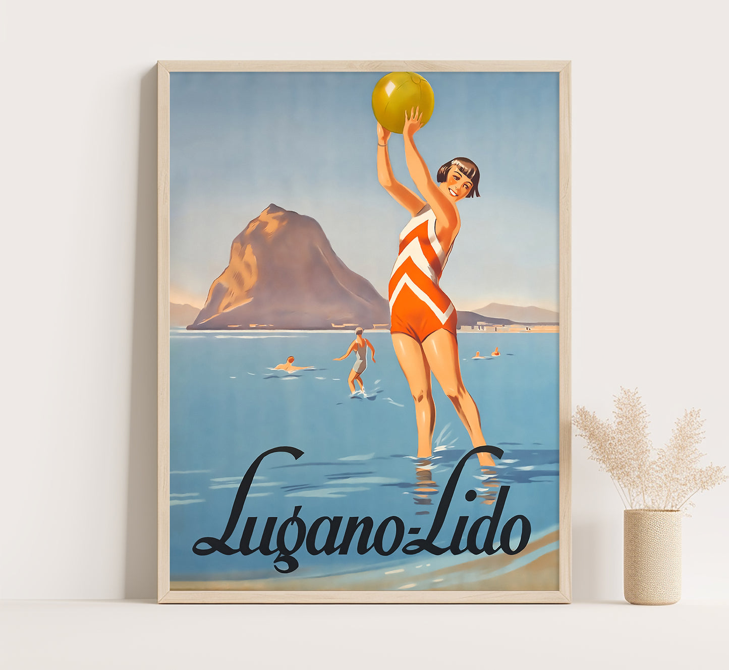 Lugano Lido beach, Switzerland vintage travel poster by unknown author, c. 1930.