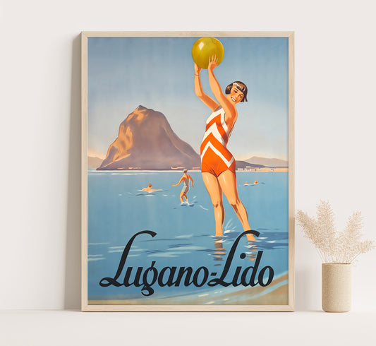 Lugano Lido beach, Switzerland vintage travel poster by unknown author, c. 1930.