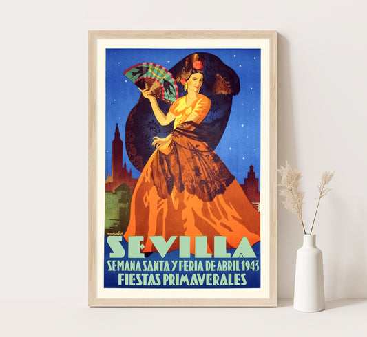 Seville Spain vintage travel poster, Sevilla Semana Santa v Feria de abril by Monsalve, c. 1943.