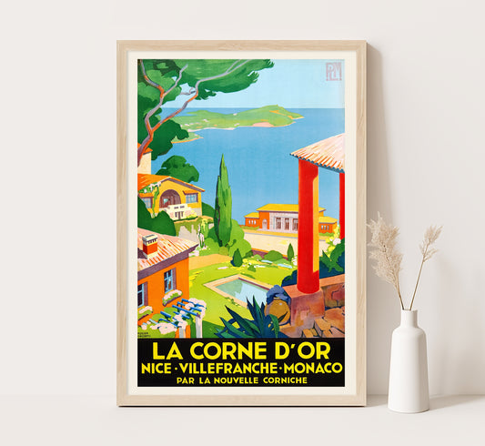 French Riviera poster, Monaco, Villefranche sur Mer vintage travel poster by Roger Broders, 1930s.