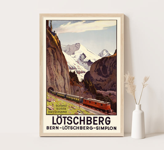 Lotschberg Simplon, Switzerland vintage travel poster by Plinio Colombi, c. 1937.