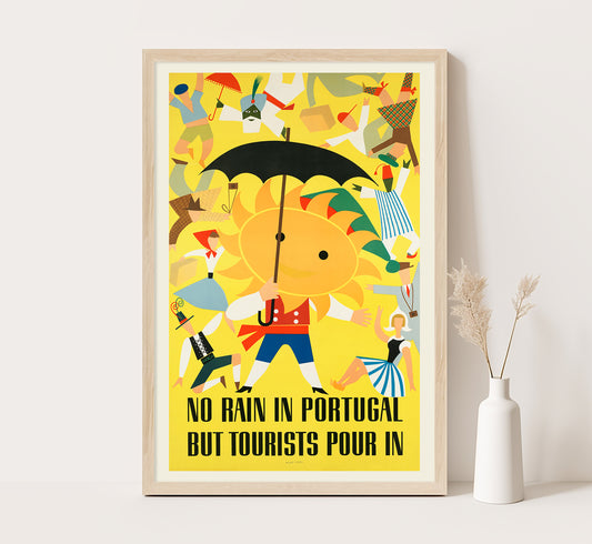 No rain in Portugal vintage travel poster by Nuno Costa, 1954.