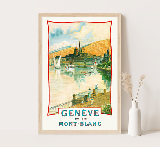 Lake of Geneva, Mont Blanc, Switzerland vintage travel poster by Edmond Viollier, 1905.