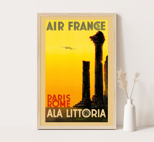 Rare Air France Paris, Rome vintage travel poster by Albert Solon, 1938.