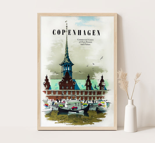 Copenhagen, Commercial center of past, present and future, Denmark vintage travel poster by unknown author, c. 1930s.