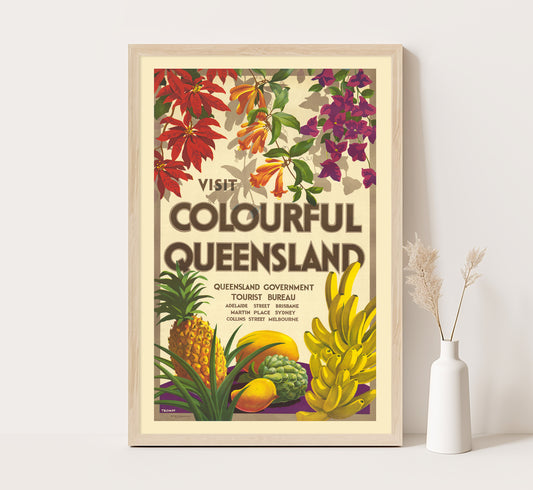 Colourful Queensland, Australia vintage travel poster by Percival Albert Trompf, late 20s.