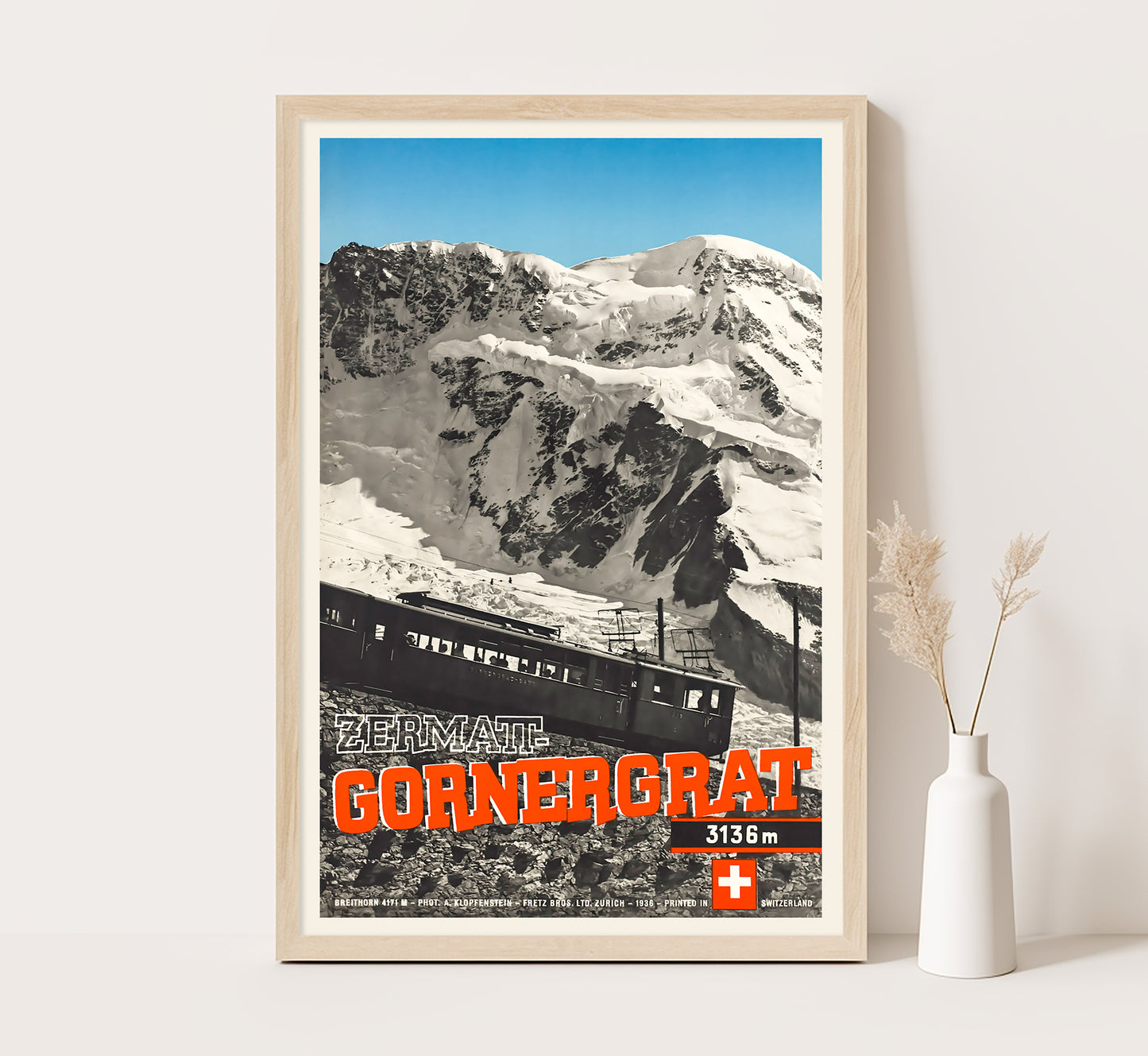 Zermatt, Gornergrat, Switzerland vintage travel poster by A. Klopfenstein, 1936.